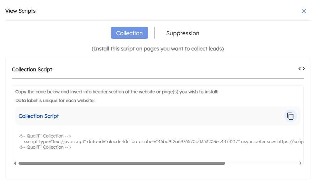Collection script — unique per-website snippet the operator drops into the site header to start identifying anonymous visitors.