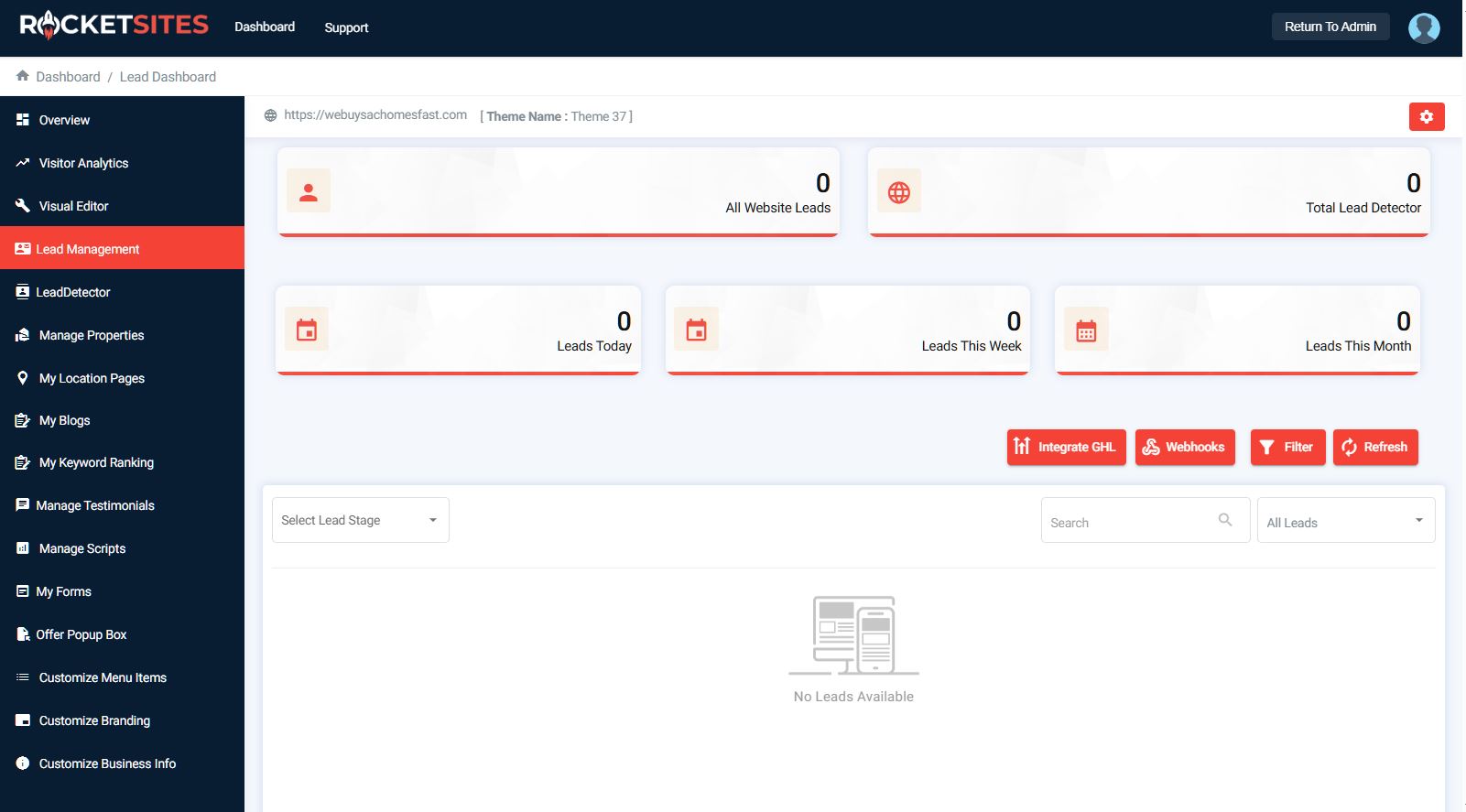 Lead management view — all website leads, LeadDetector-identified visitors, today/week/month lead counts, GHL integration, webhooks, filters, and lead-stage pipeline.
