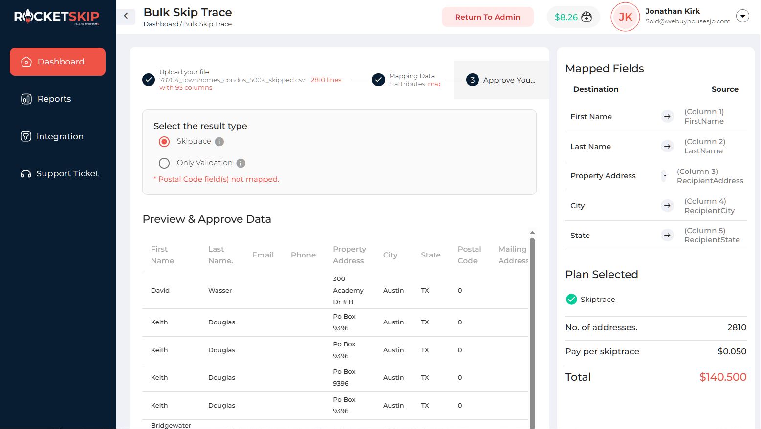 Bulk skip trace step 3 — approve mapping, choose Skiptrace vs Only Validation, and preview the enriched data before charging.