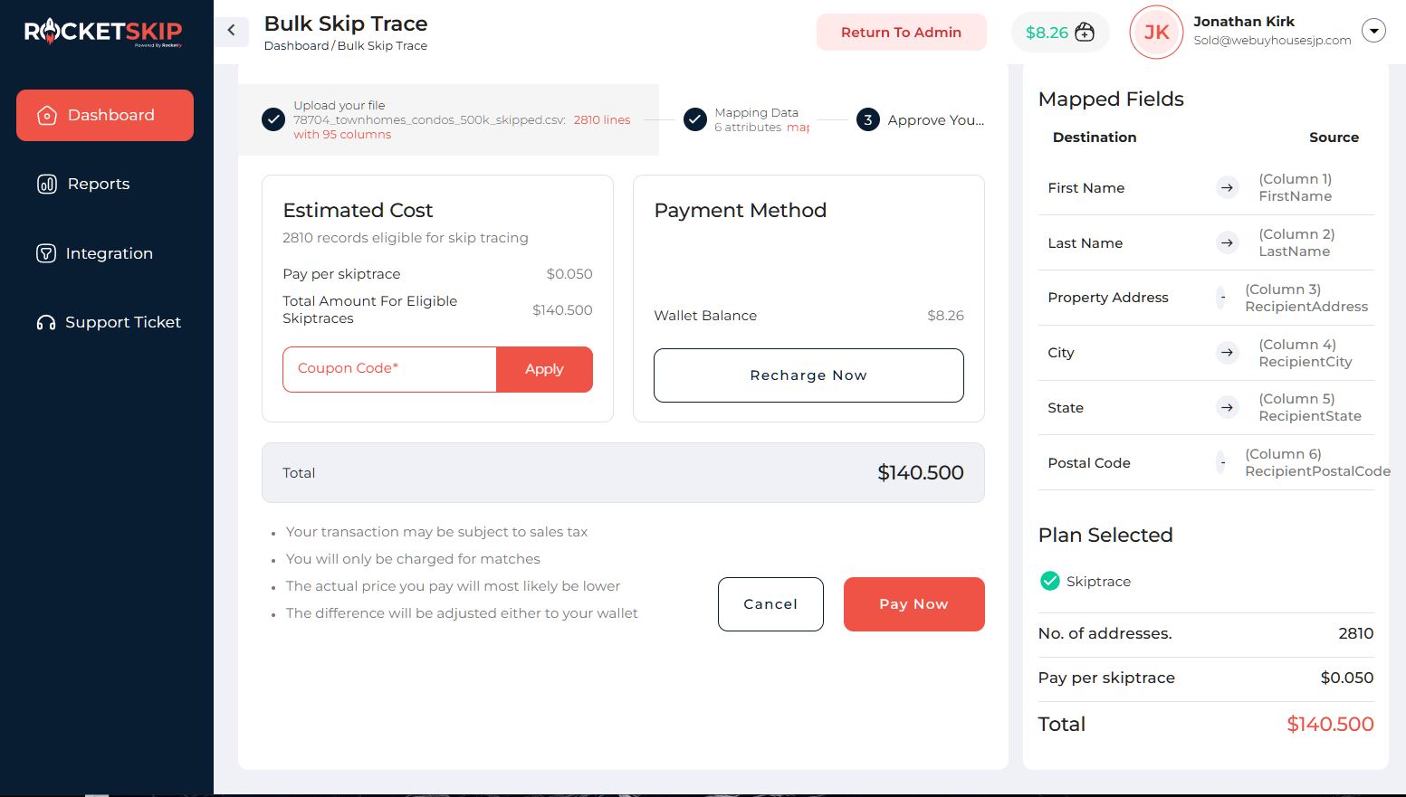 Payment step — estimated cost per skiptrace ($0.050), wallet balance, coupon codes, and refund-to-wallet on any unmatched rows.