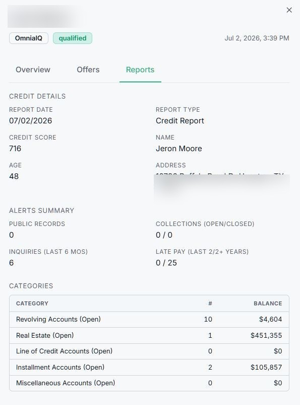 Qualified lead — Reports tab. Full credit report: score 716, alerts summary (0 public records, 0 collections, 6 inquiries, 0 late pays), and category-level tradelines (Revolving, Real Estate, LOC, Installment, Miscellaneous) with balances.