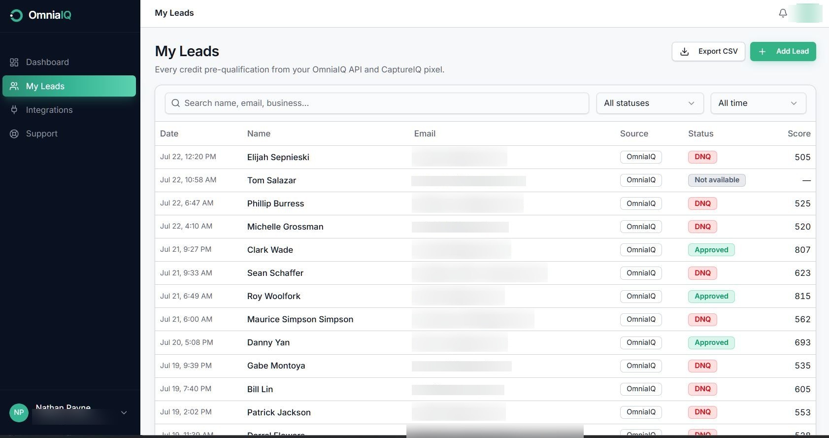 My Leads — every credit pre-qualification from the OmniaIQ API and CaptureIQ pixel. Date, name, email, source, status (Approved / DNQ / Not available), and lender-grade credit score per lead, filterable by status and time.