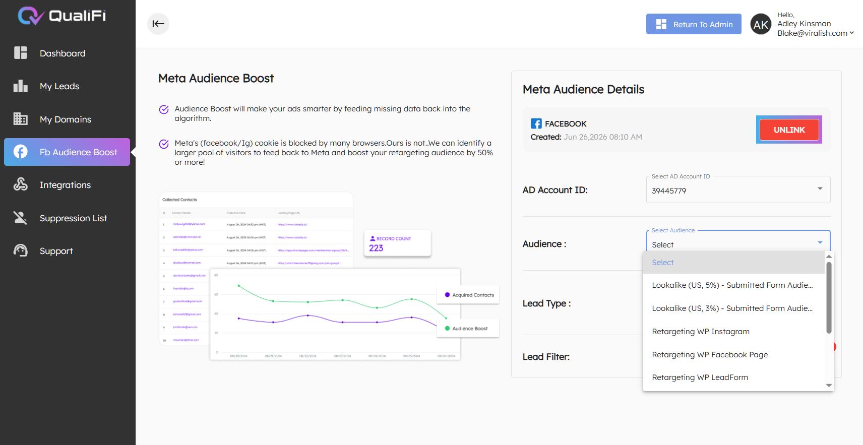Meta Audience Boost — link a Facebook ad account, pick AD account ID, and push resolved visitors into lookalike + retargeting audiences (WP Instagram, FB Page, LeadForm).