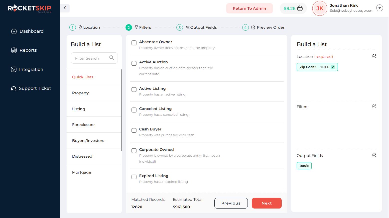 List builder — 4-step wizard (Location → Filters → Output → Preview) with Quick Lists (Absentee, Auction, Cash Buyer, Foreclosure, etc.) and live matched-record count + estimated total.