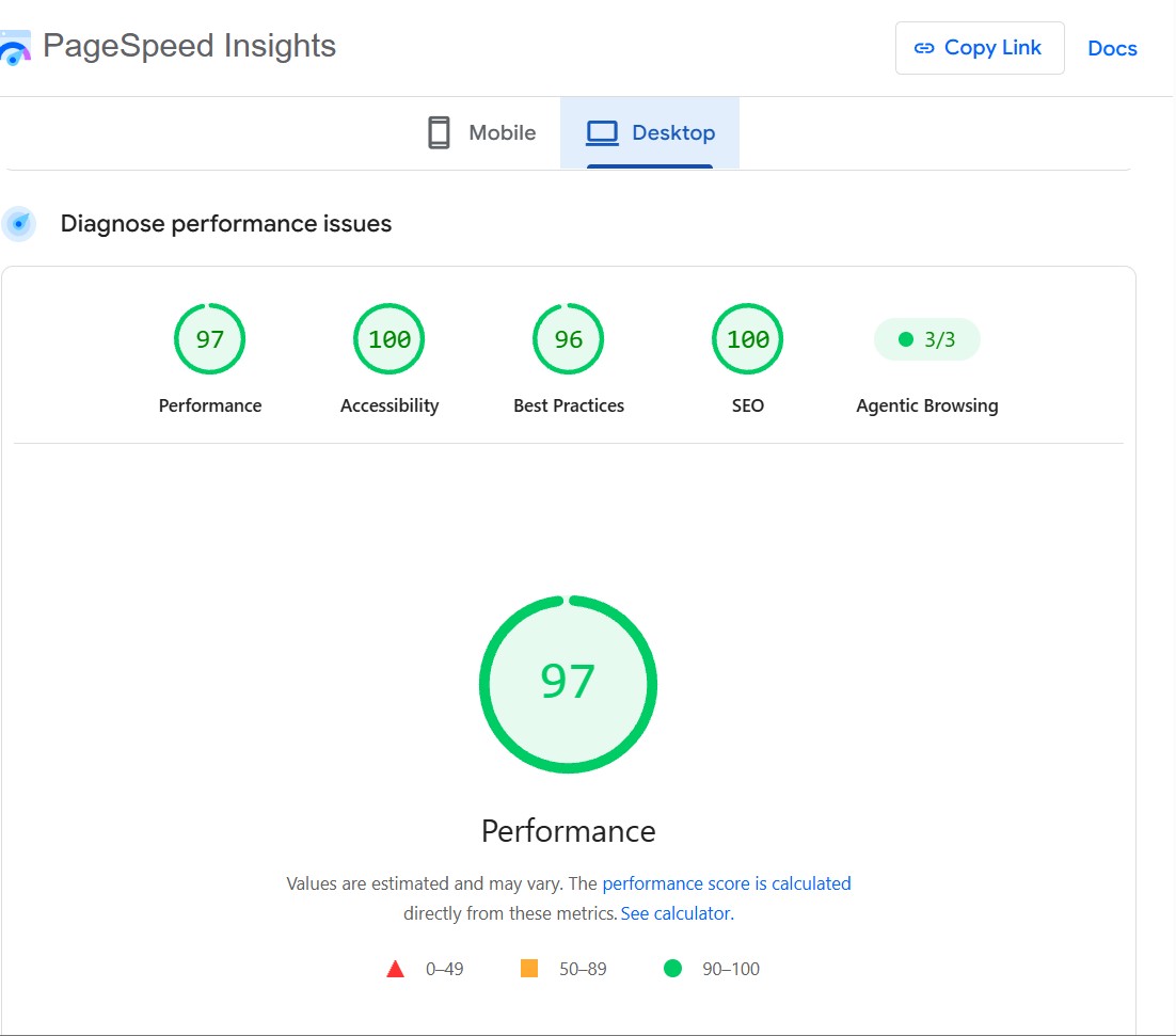 Google PageSpeed Insights desktop report: 97 Performance, 100 Accessibility, 96 Best Practices, 100 SEO, 3/3 Agentic Browsing
