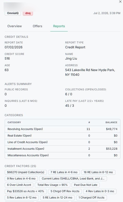 DNQ lead — Reports tab. Full report exposes why: 6 open collections, 45 late pays in 2+ years, $66K unpaid collections, 90%+ revolving utilization, charged-off accounts, and 25 credit factors flagged.