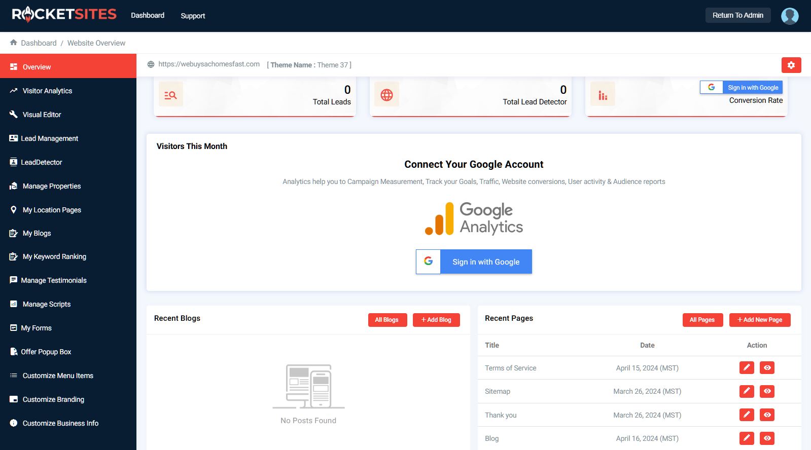 Customer dashboard — website overview with lead totals, LeadDetector activations, conversion rate, Google Analytics sign-in, recent blogs, and recent pages.