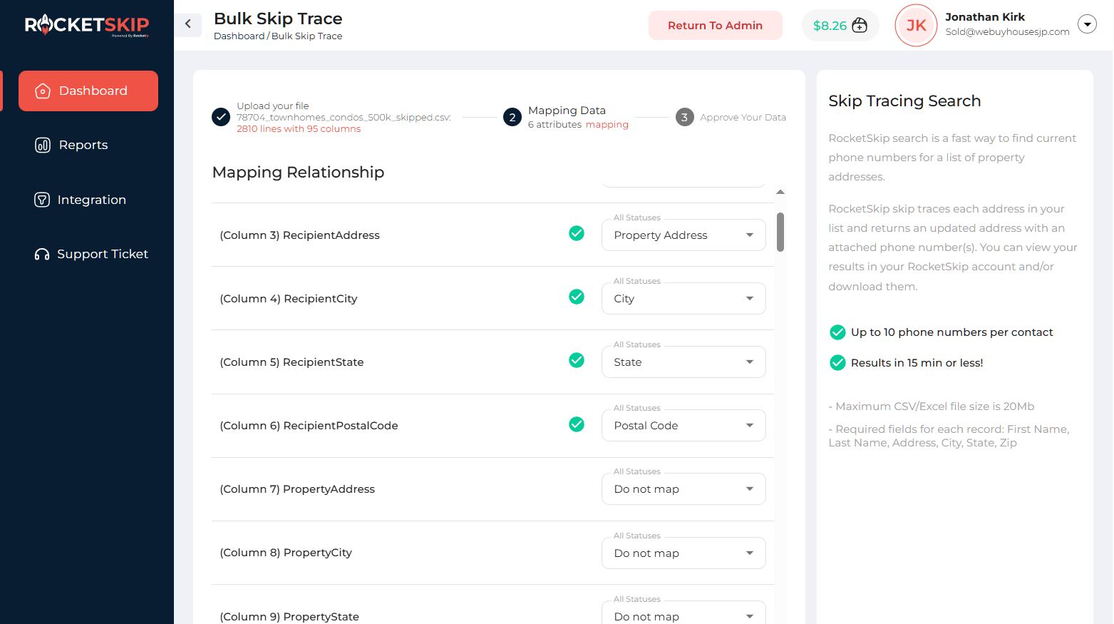 Bulk skip trace step 2 — column mapping. Auto-detects FirstName, LastName, RecipientAddress, City, State, Postal Code across 2,810 rows / 95 columns.