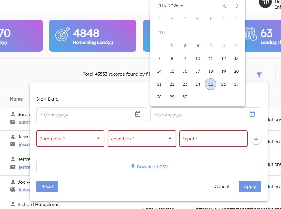 Lead filtering — date range plus parameter/condition/value rules with CSV export, so operators can slice enriched leads any way they need.