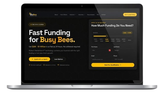 BizBee Funding homepage showing small-business loan application flow and headline metrics