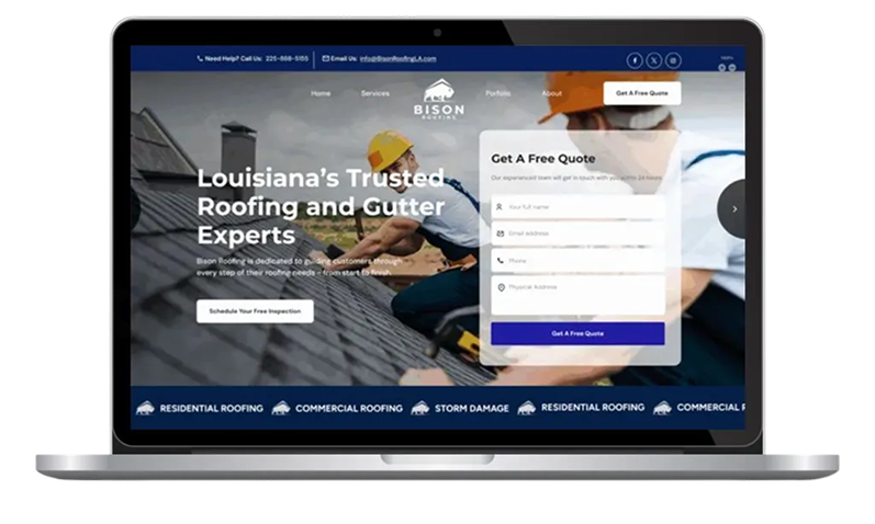 Bison Roofing LA homepage featuring a Los Angeles roofing crew on a residential roof with quote request form
