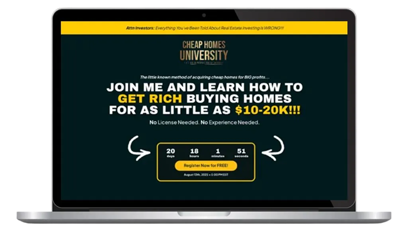 Cheap Homes University course landing page highlighting real-estate investing lessons