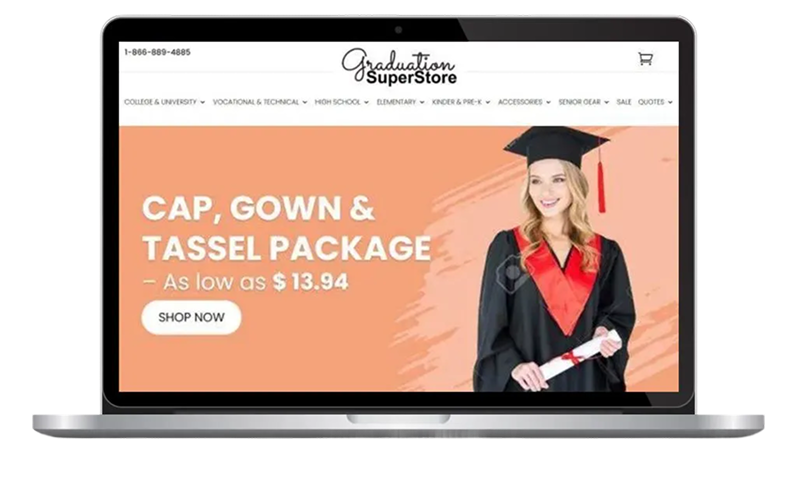 Graduation Superstore ecommerce homepage with featured caps, gowns, and stoles