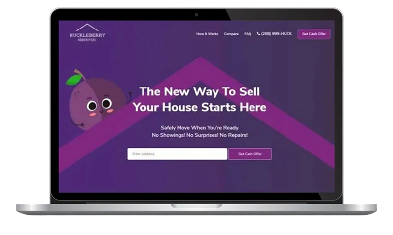 Huckberry Home Buyers homepage with cash-offer lead form and seller testimonials
