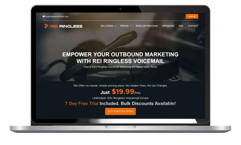 REI Ringless voicemail SaaS homepage with campaign dashboard preview