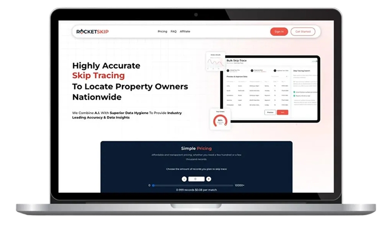 RocketSkip skip-tracing SaaS homepage with pricing tiers and data sample